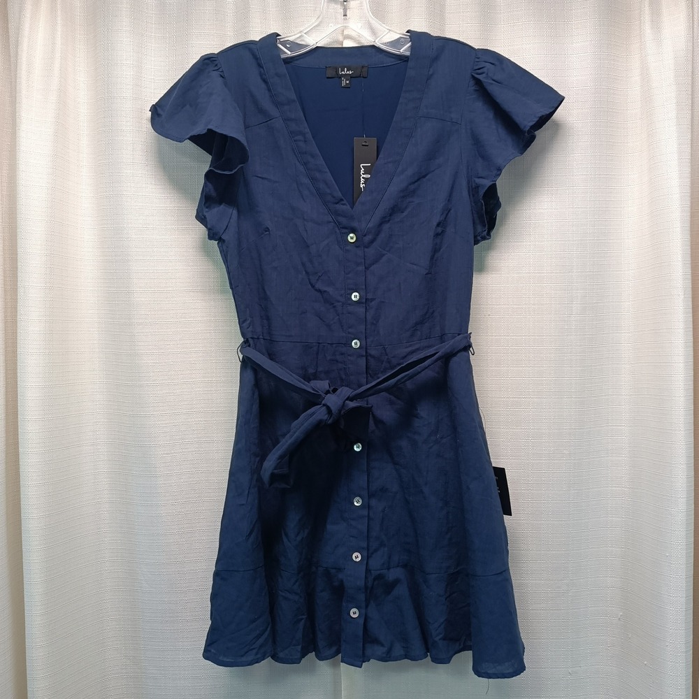 Lulus Navy Blue Flutter Sleeve Button Front Cotton Mini Dress Womens M Casual